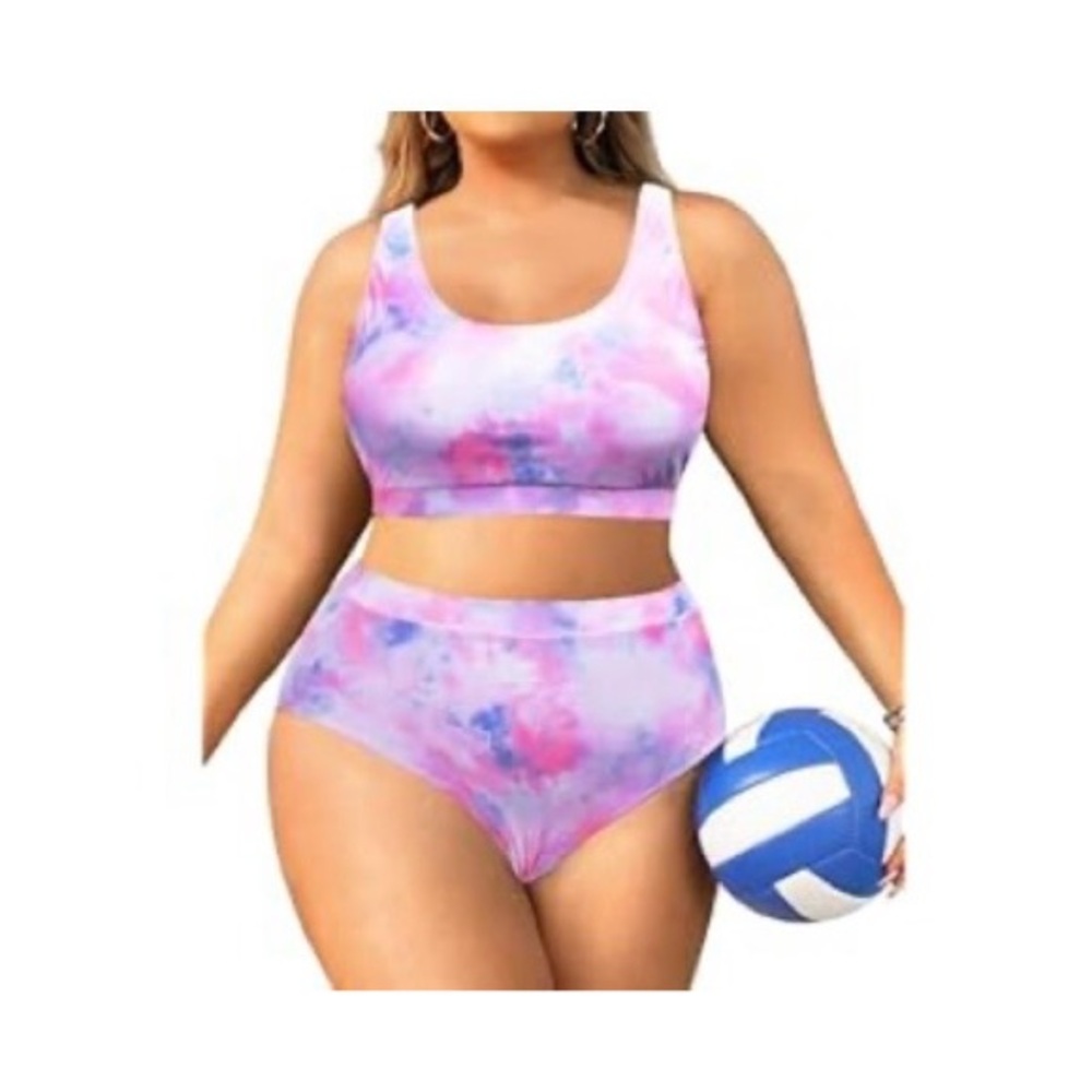 Plus Size Pink Tie-Dye High-Waist Bikini Set